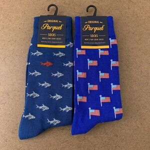 Parquet Men's Shoe Size 6-12.5 Blue Shark Flag Print Fun Crew Socks 2 Pairs NWT